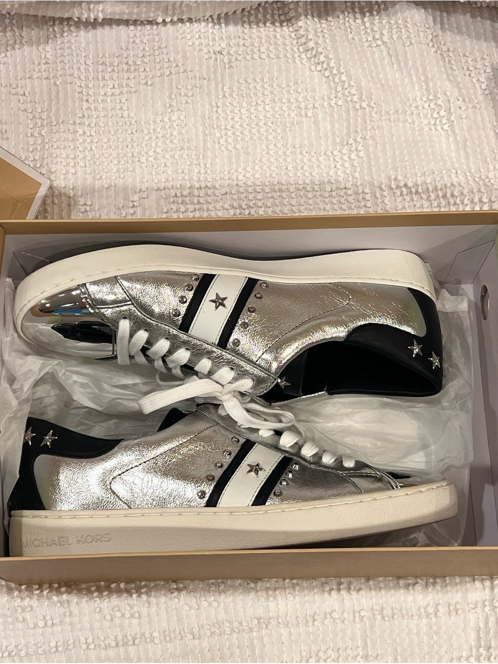 Michael Kors Frankie Silver and White Low-Top Star Accent Sneakers - Picture 4 of 5
